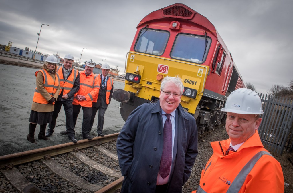 Front: Patrick McLoughlin and Matthew Hunt.   Back: Janet Jphnson, deputy c/exec of Sunderland City Council; Cllr Mel Speding; Lee Bayliss from DB Schenker Rail UK; and Mark Tarry from Network Rail. 